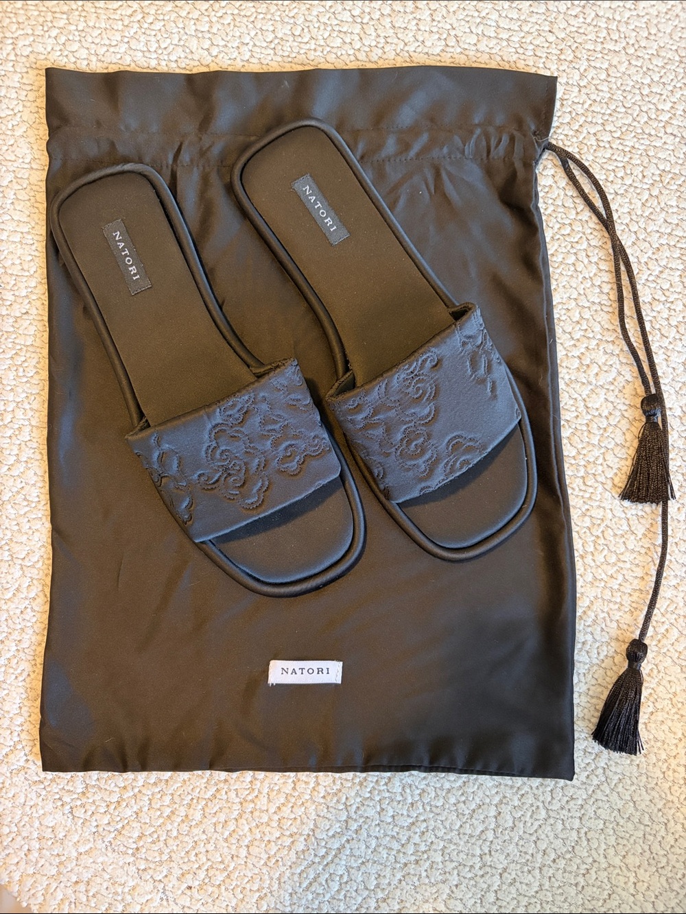 Natori Black Embroidered Slide Mules